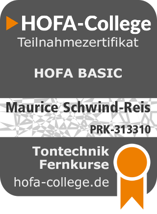 HOFA-College Teilnahmezertifikat HOFA BASIC für Maurice Schwind-Reis, Tontechnik Fernkurse